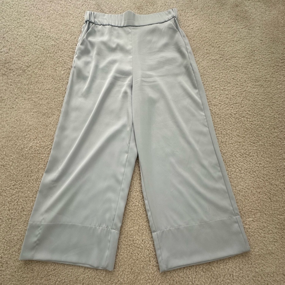 Zara Cropped Wide Leg Light Blue Satin-like Pants